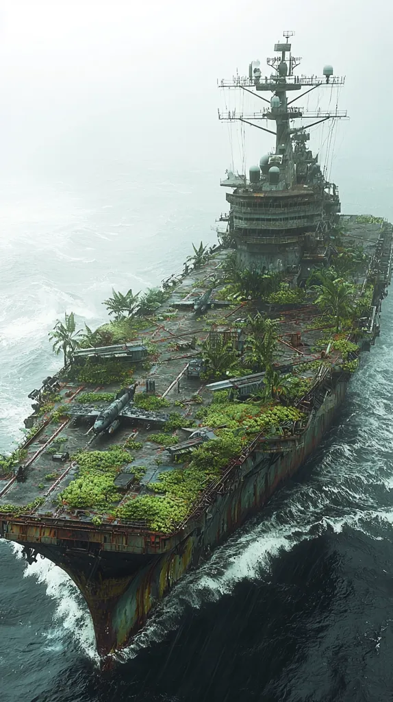 The image shows a large, abandoned aircraft carrier overtaken by nature. The ship is covered in lush greenery, with trees and plants growing on the deck and in the rusted hull. The carrier is floating in a choppy sea, with white-capped waves crashing against its side. The sky above is overcast, creating a moody atmosphere. The image evokes a sense of mystery and decay, as well as the power of nature to reclaim what was once man-made.