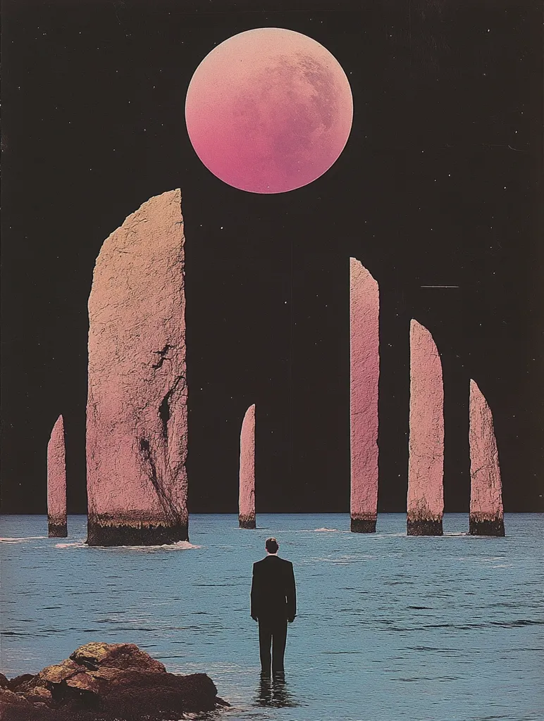 A lone figure in a suit stands in the shallows of a body of water, looking out at a row of tall, narrow, pink rock formations jutting out of the water. A large, pink moon hangs in the dark sky above. The scene is surreal and otherworldly, creating a sense of mystery and intrigue.  The image evokes a feeling of isolation and contemplation.