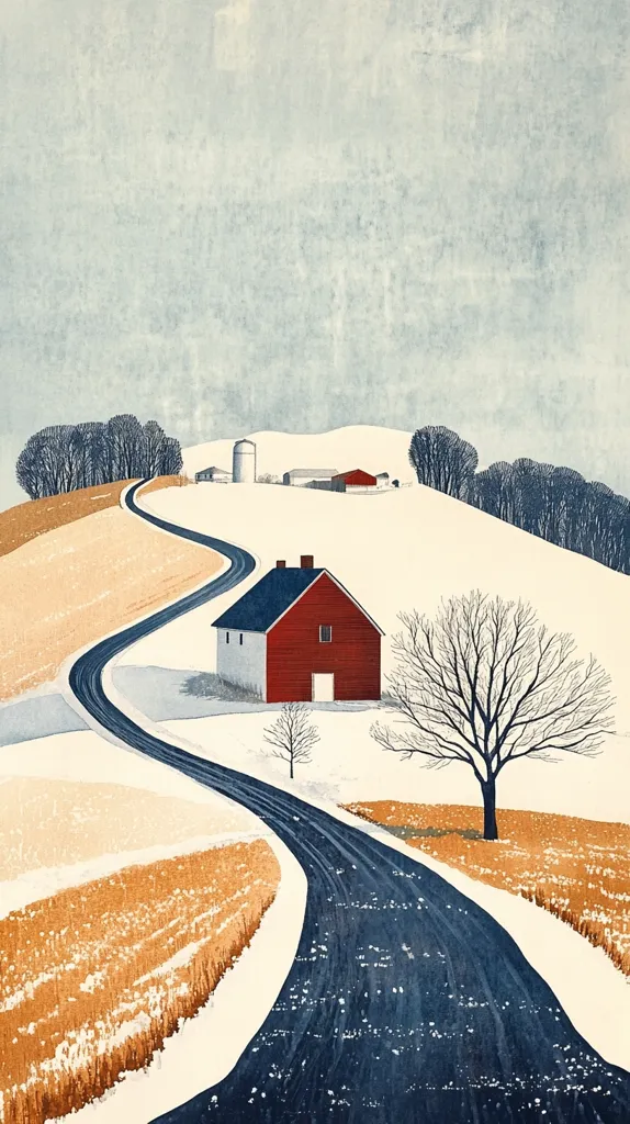 A winding road leads through a snowy countryside, passing a small red barn with white trim. The road is edged by tall trees, and in the distance, a farmhouse with a silo can be seen. The sky is a pale blue, and the snow on the ground is covered with a dusting of frost. The scene is peaceful and tranquil, conveying a sense of rural isolation and serenity.