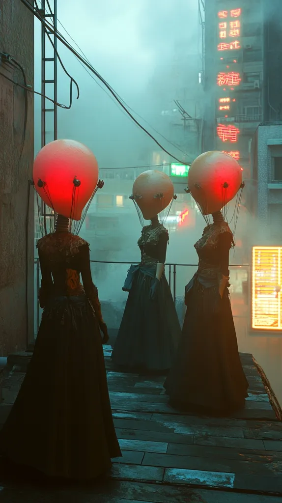 Three figures stand on a rooftop in a foggy, neon-lit cityscape. Each figure wears a dark gown and has a glowing, balloon-like head with strange appendages. The background features an obscured cityscape with neon signs in a foreign language. The image has a surreal, atmospheric quality.