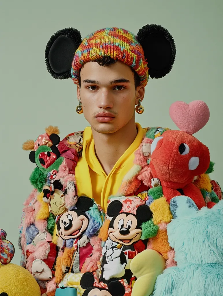 A young man with a serious expression wears a multi-colored knit beanie with black mouse ears. He wears a yellow hoodie and is surrounded by plush Mickey Mouse toys. The background is a light green.