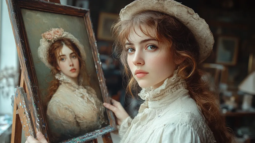 A young woman with long, flowing brown hair wears a white lace dress and a large, off-white hat. She holds a painting in a wooden frame that depicts a woman with similar features. The painting's subject is dressed in a white dress and wearing a rose-colored hat. Both women have a serious expression.  The background is blurred, but hints at a room with wooden furniture and natural light.