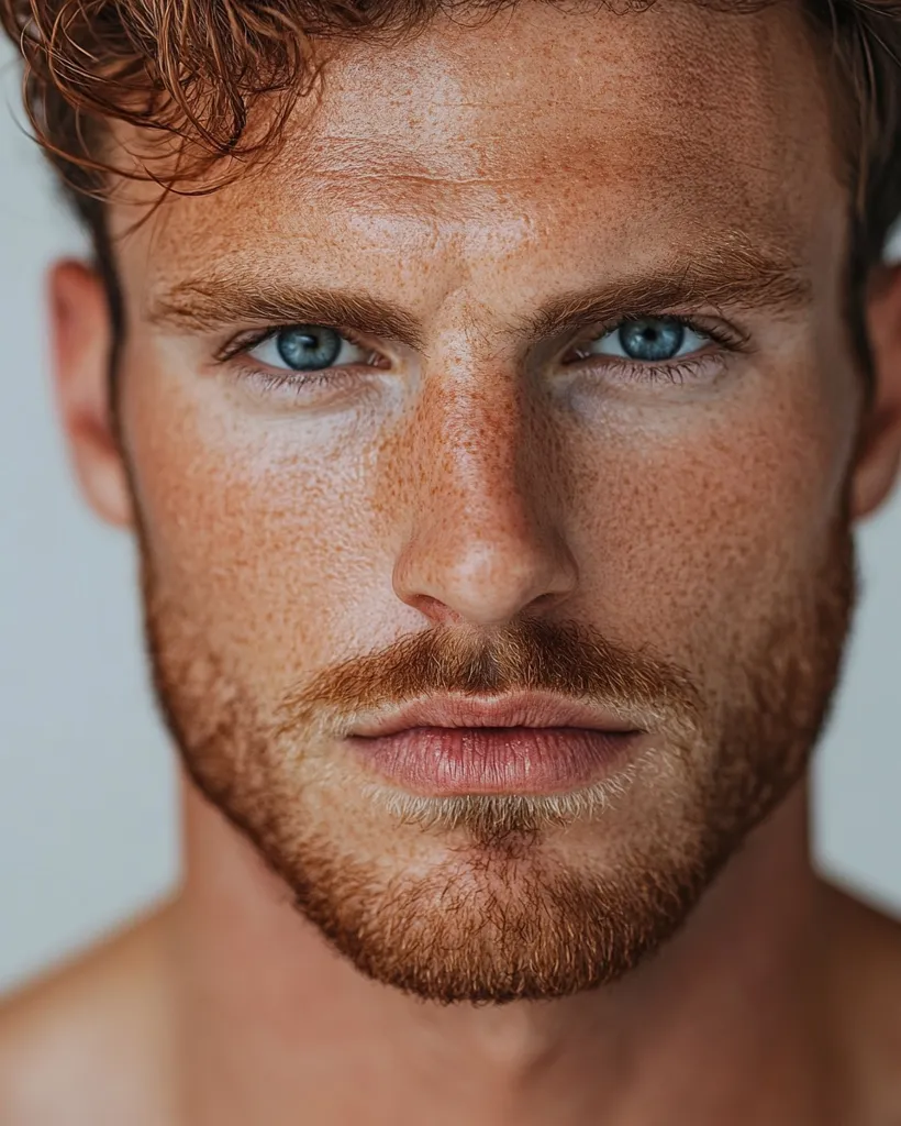 A close-up portrait of a young man with red hair and freckles. His blue eyes are focused on the viewer, and his lips are slightly parted in a serious expression. The image is lit from the front, highlighting the details of his face. His skin is smooth and flawless. The man's hair is styled in a messy, tousled fashion.  He has a full red beard.  The image focuses on his face, capturing his intensity and focus.