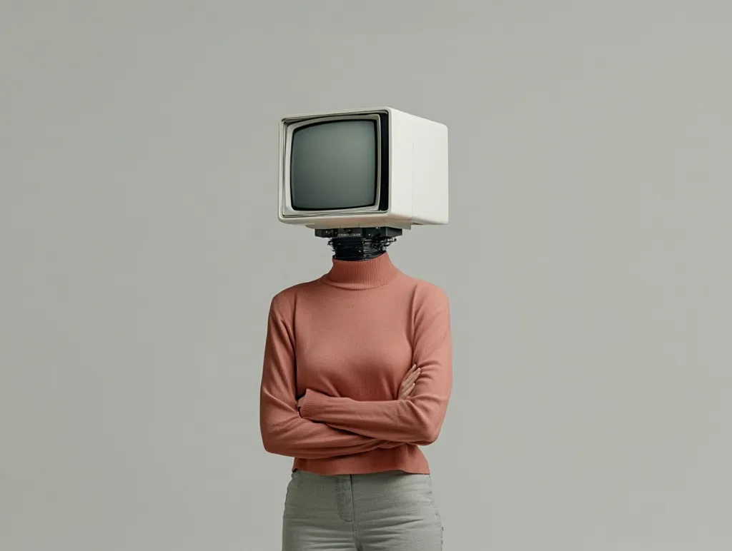 A person stands in front of a plain background with an old-fashioned television replacing their head. Their arms are crossed in front of them, and they wear a salmon-colored turtleneck and grey pants. The TV screen is black, and the surrounding bezel is white. The person is facing the viewer. The image is a simple, yet surreal, portrait.