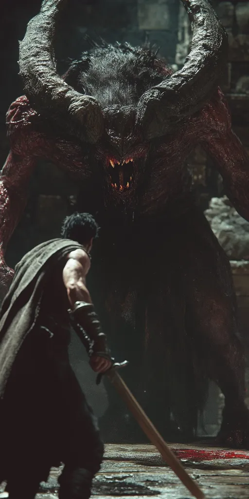 A dark, monstrous creature with large horns and glowing red eyes stands over a lone warrior, who raises his sword in a defensive stance. The warrior is clad in dark clothing and appears to be facing a formidable foe. The image is dimly lit, creating a sense of suspense and danger. A pool of blood stains the wooden floor beneath the creature, suggesting a fierce battle has already taken place.