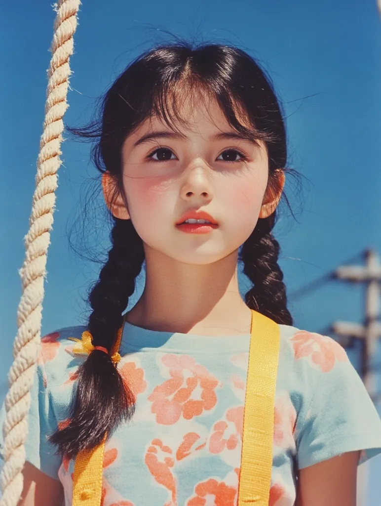 A young girl with long black hair braided into two pigtails, is wearing a light blue shirt with pink floral print and a yellow strap. She is looking directly at the camera with a serious expression. The background is a bright blue sky with a white rope visible on the left side of the frame.  The girl's cheeks are rosy, and her lips are painted a natural pink.