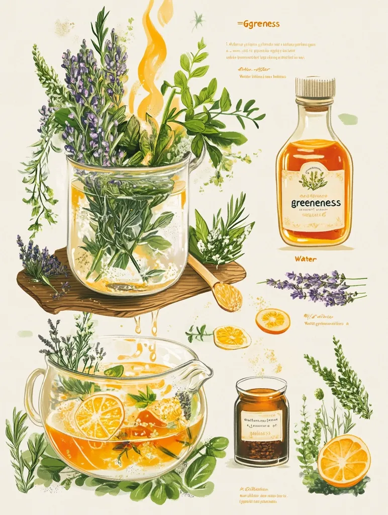 This image depicts a still life with a green tea theme. There is a glass pitcher filled with water, citrus slices, and various herbs. A glass jar filled with herbal tea and a small wooden spoon are also shown. The words "greenness" and "water" are written near the items. The image is bright and colorful, with a stylized, cartoon-like feel.