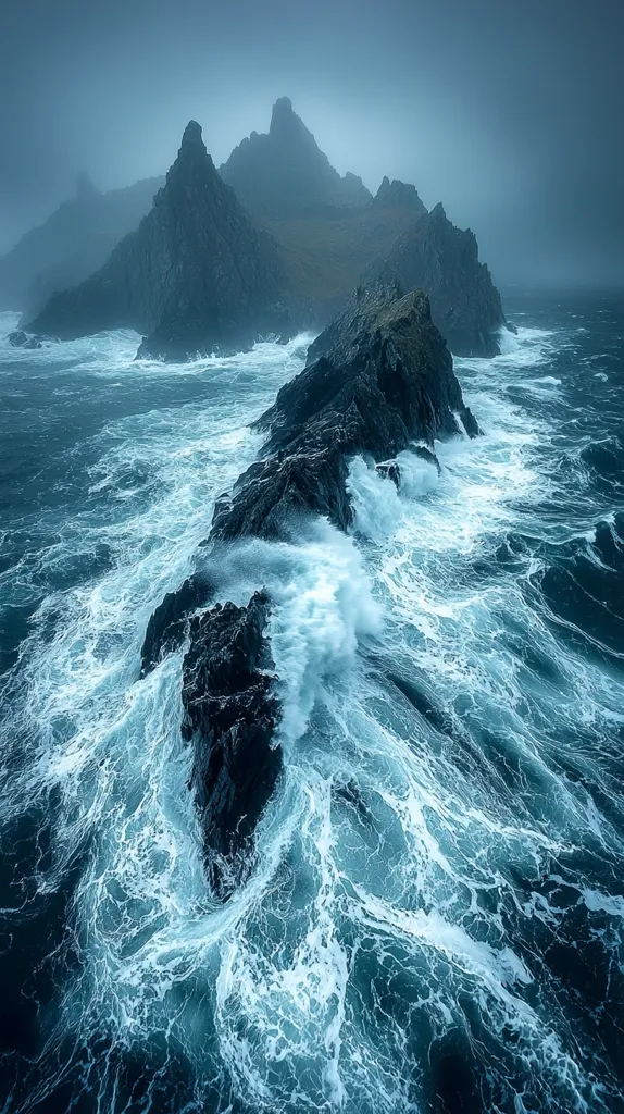 A dramatic aerial shot of a rocky coastline in a stormy sea. The waves crash against the jagged cliffs, creating a swirl of white foam that contrasts against the deep blue water. The dark, misty sky adds to the sense of drama and power of the scene.  The image captures the raw beauty and force of nature.