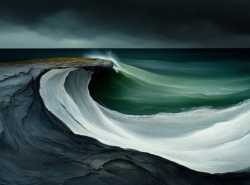 A large, crashing wave curls over a rocky cliff, its crest forming a white, foamy arc against the dark, stormy sky. The water is a deep green, contrasting sharply with the grey rocks of the cliff face. The scene evokes a sense of power and awe, highlighting the dramatic beauty of nature.