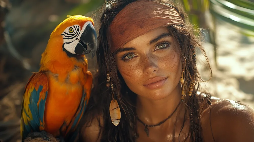 A young woman with long, dark hair and a leather headband, her eyes are green and she has freckles across her nose and cheeks. She is wearing a beaded necklace and earrings. She is looking directly at the viewer, and a bright orange and blue parrot sits on her shoulder. The background is blurred with green foliage and a sandy beach. The overall tone of the image is warm and inviting.