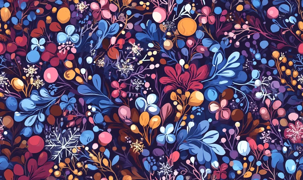 The image is a colorful and vibrant floral pattern on a dark blue background. The flowers are in shades of pink, red, blue, yellow, and white, and the leaves are mostly blue and green. There are also some small white snowflakes scattered throughout the pattern. The overall effect is one of beauty, vibrancy, and whimsy.