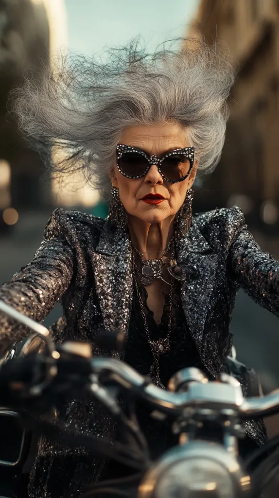 An older woman with long grey hair, wearing black sunglasses, a sparkly black jacket, and a long silver necklace, sits on a motorcycle, her hair blowing in the wind. She has a determined look on her face as she stares ahead. The image is dramatic and evocative, conveying a sense of strength and freedom.
