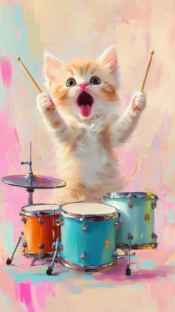 A cute, orange and white kitten with big, blue eyes and a wide open mouth, is playing drums. The kitten is standing on its hind legs, holding two drumsticks, one in each paw. The kitten is wearing a playful expression and is surrounded by a colorful and abstract background. The drum set consists of three drums in different colors, one is orange, one is blue and one is light blue. The drums are placed on a white surface in front of the kitten.  There is a cymbal on the stand in front of the drums.  The overall image is cheerful and playful.