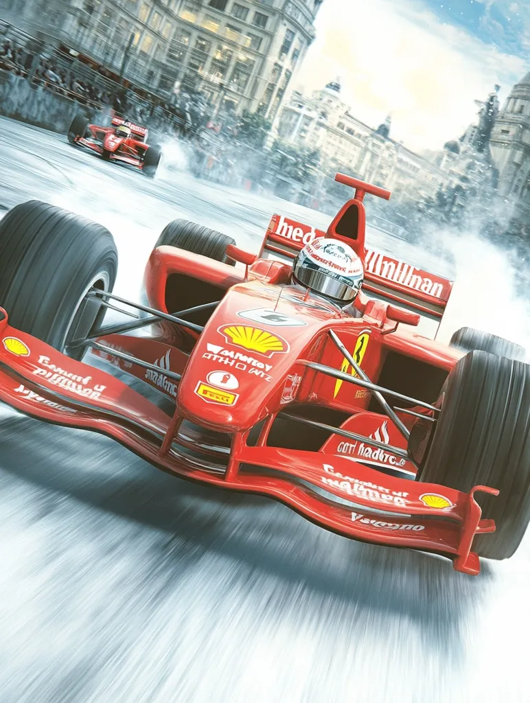 A red Formula 1 race car speeds through a city street, leaving a trail of smoke and blur behind it. The car is in the foreground, with the city buildings and a crowd of people in the background. The car is emblazoned with sponsors' logos and a Ferrari badge.  The image captures the thrill and excitement of motorsports.
