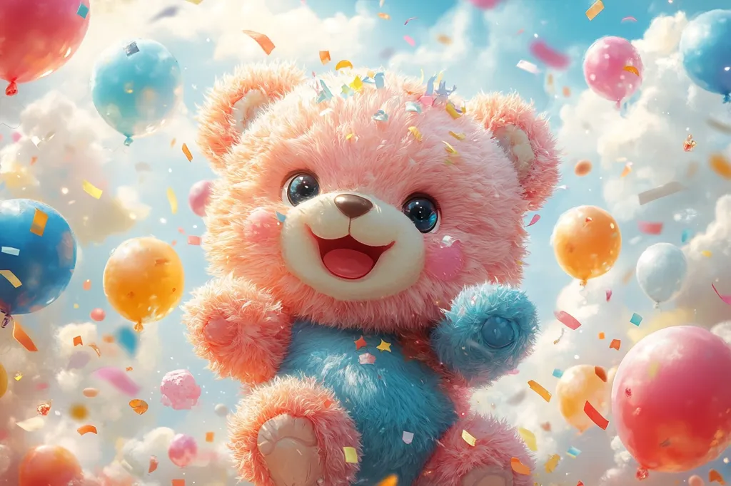 A pink teddy bear with blue accents smiles joyfully amidst a flurry of colorful balloons and confetti. The bear's fur is fluffy and soft, and its eyes sparkle with delight. The background is a hazy blue sky with fluffy white clouds. The image evokes a sense of happiness, celebration, and childlike wonder.