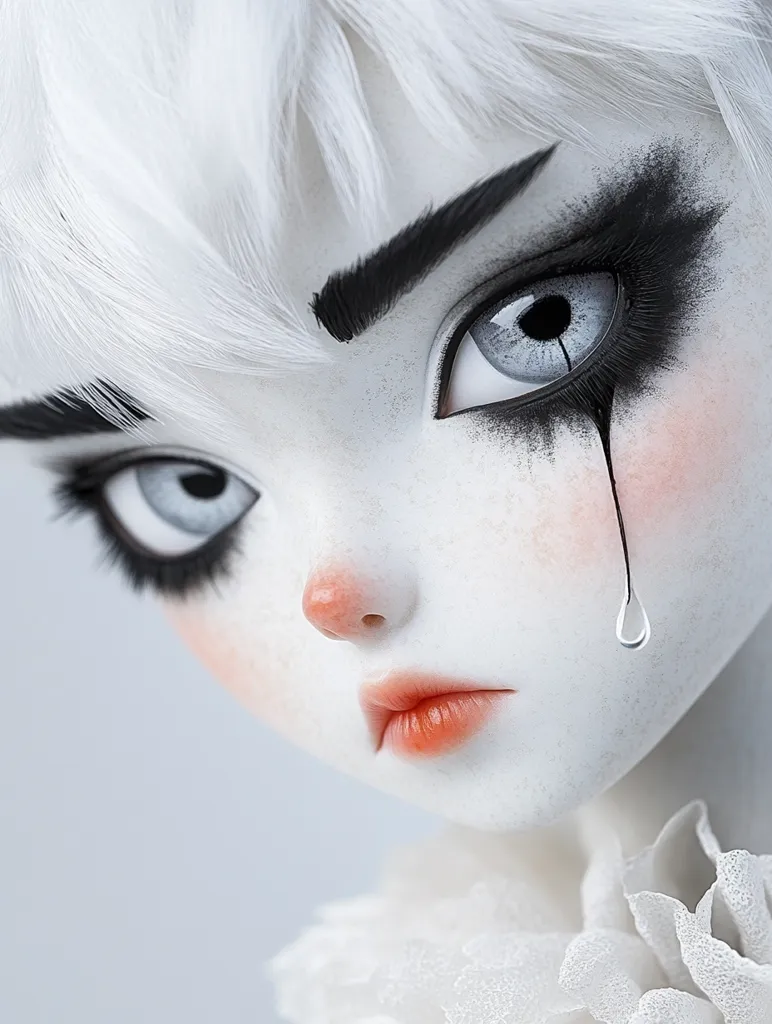The image shows a doll with white hair, porcelain skin, and dramatic black eye makeup. A single black tear rolls down the doll's cheek, adding a touch of sadness to the otherwise innocent expression. The doll's large, blue eyes stare intensely, creating a sense of mystery and intrigue. The image is likely a piece of artwork or a digital illustration.