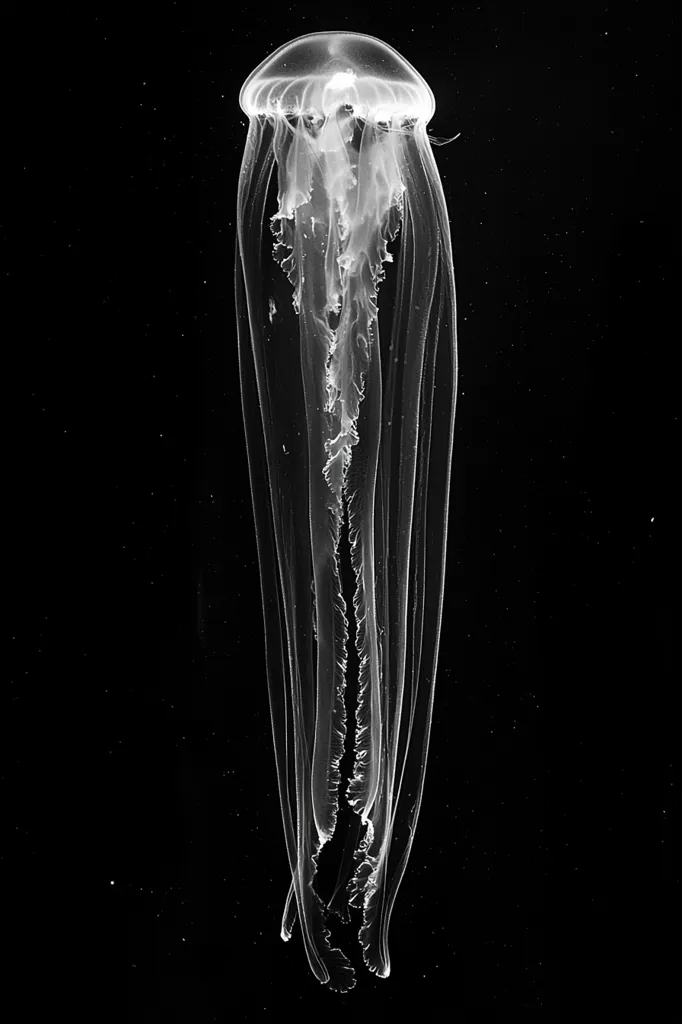 The image shows a jellyfish floating in a black background. The jellyfish is translucent, allowing the black background to be seen through its body. Its bell is rounded with ruffled edges, and several long, thin tentacles extend downwards from its body. The image is in black and white, emphasizing the contrast between the jellyfish and the background.  The intricate detail of the jellyfish's tentacles is highlighted against the dark backdrop.