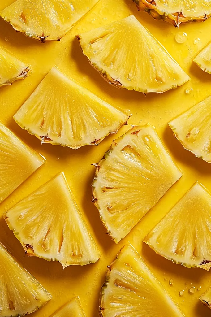 A close-up shot of a bright yellow pineapple with the slices arranged in a radial pattern on a yellow background. The pineapple is juicy and ripe, with a sweet and tangy flavor. The image is perfect for promoting tropical fruits and healthy eating.