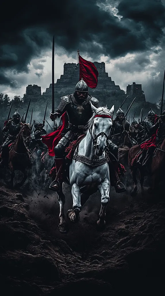 A lone knight on a white horse leads a charge of armored warriors against a backdrop of a dark, foreboding castle. The knight carries a red flag, his armor is black and imposing, and the horse's white coat contrasts sharply with the dark landscape.  The sky is filled with dark clouds, creating a sense of impending doom.  The image is a powerful representation of the struggle between light and darkness.