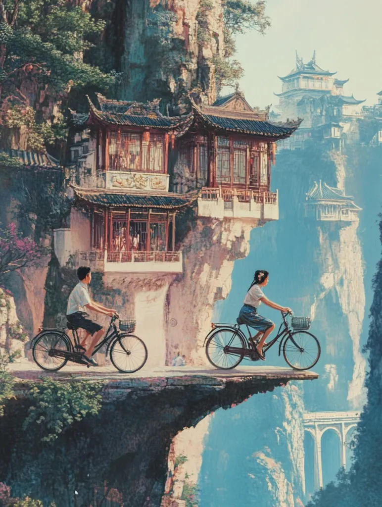 The image depicts a scenic landscape with a traditional Chinese-style building perched precariously on a cliffside. Two people are riding bicycles along a narrow path on the cliff edge. The background features a majestic mountain range and a bridge spanning a valley. The scene evokes a sense of serenity and adventure, as if the riders are exploring a fantastical world. The vibrant colors and intricate details contribute to the overall beauty and wonder of the image.