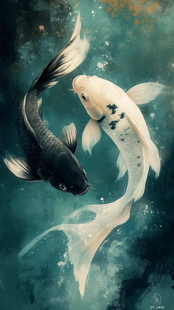 The image depicts two koi fish swimming in a turquoise and green water. One is black with a white fin and the other is white with black spots and fins. The koi are swimming in opposite directions, creating a yin-yang visual effect. The background is abstract and painted in muted tones, suggesting water and movement.  The overall theme of the image is balance and harmony.