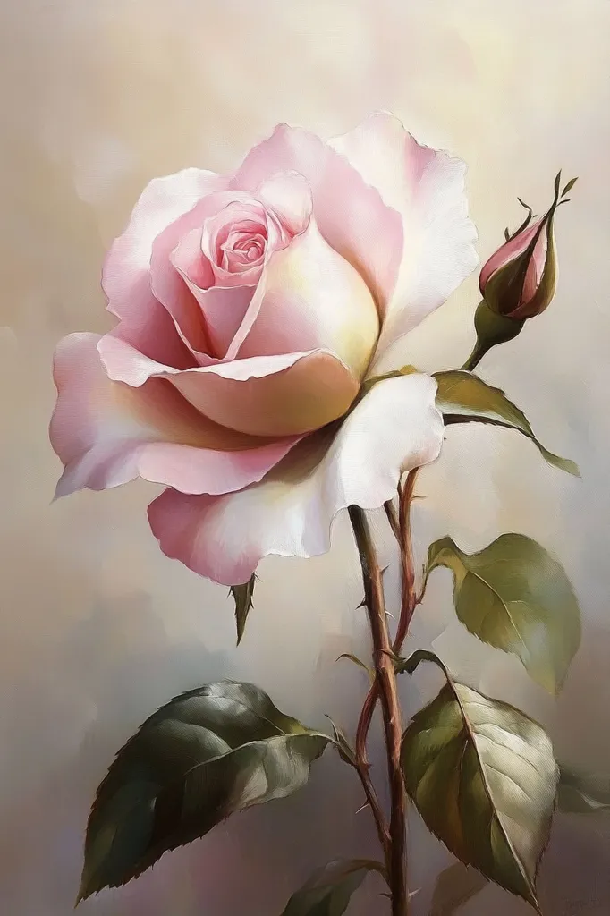 A single, delicate pink rose with a slightly unfurled bud stands against a soft, beige background. The rose's petals are soft and velvety, with a subtle hint of yellow in the center. The leaves are deep green and slightly blurred, creating a sense of depth and texture. The image is painted in a realistic style, capturing the beauty and fragility of the rose.