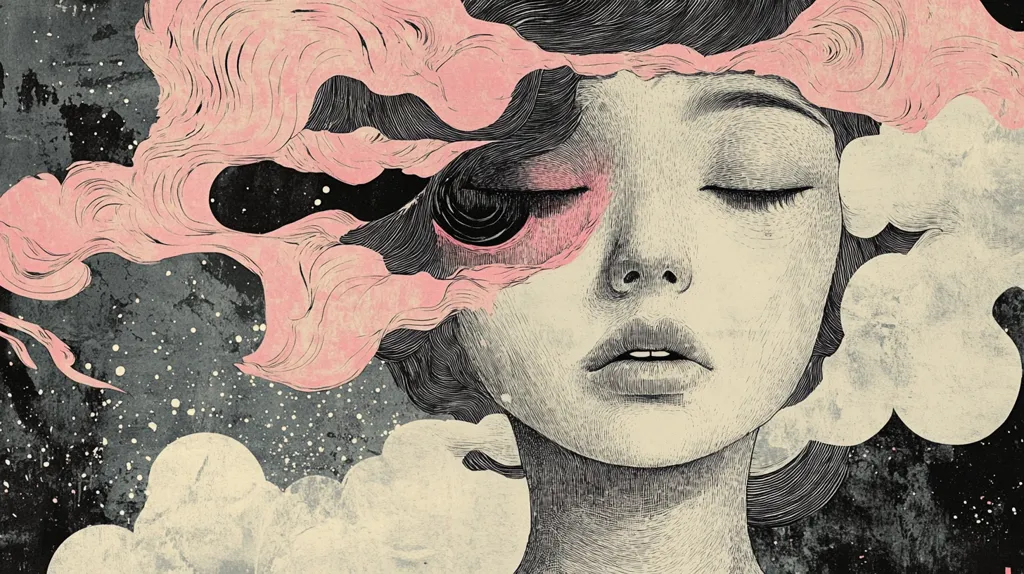 A woman with closed eyes and a subtle smile is depicted in a black and white drawing. Her face is partially covered in a pink, cloud-like substance. The background is a dark grey and black with white dots that resemble stars. The image has a dreamlike quality and conveys a sense of peacefulness.