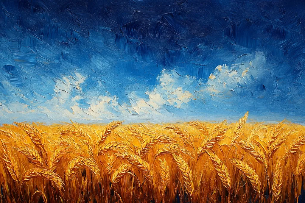 A painting of a golden wheat field with a bright blue sky with white clouds above it. The painting is made with thick brushstrokes, giving the painting a textured feel. The field of wheat is in the foreground, with the sky in the background. The painting is full of vibrant colors.