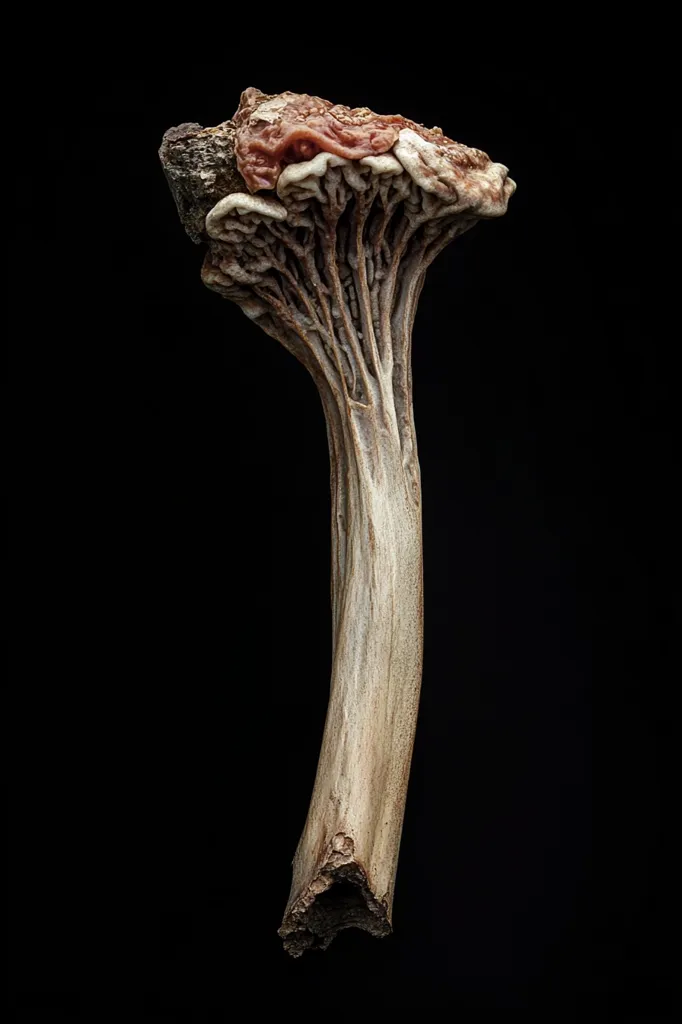 A single, dried mushroom stands upright against a black background. Its cap is curled inward, revealing a delicate, intricate network of ribs and ridges. The stem is long and slender, with a rough, textured surface that suggests a long life spent in the wild. The image captures the beauty of nature in its fragility and the subtle details of a seemingly simple subject.