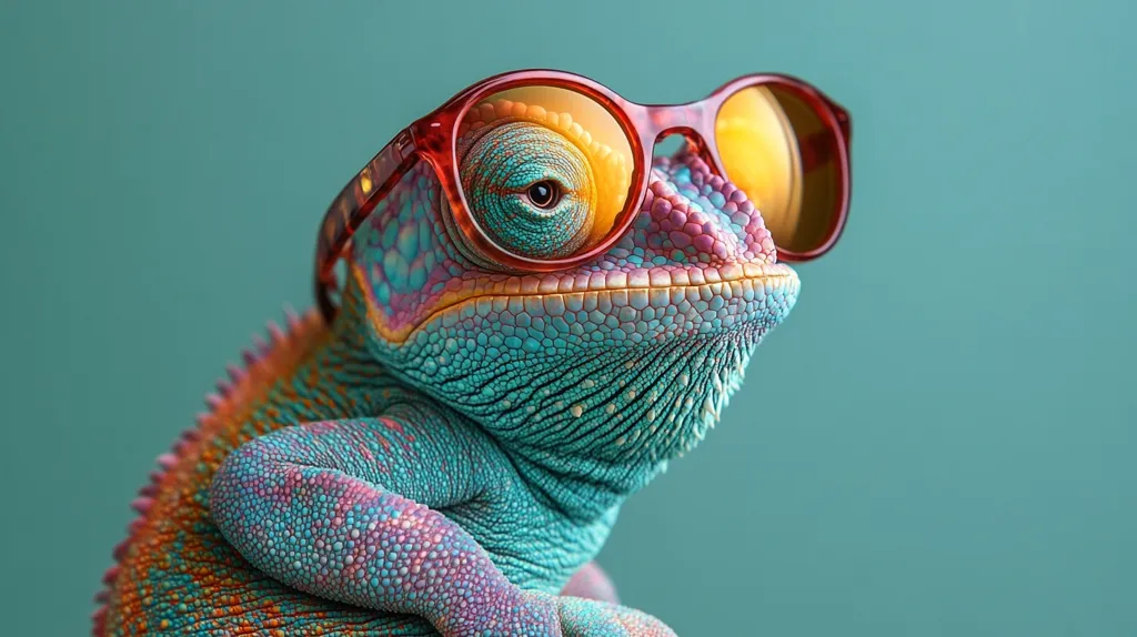 A chameleon, with vibrant blue, green, and pink scales, wears red sunglasses. It stares off to the side, its large, expressive eyes peeking out from behind the lenses. The chameleon's skin texture is clearly visible, with a pattern of small, round scales. The background is a simple, solid turquoise blue, creating a clean and vibrant contrast with the chameleon's colorful body.  The image conveys a sense of humor and the chameleon's unique and intriguing personality.