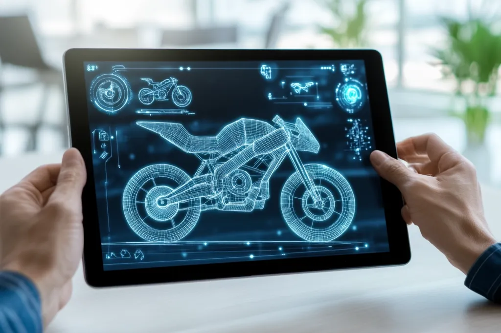 A person holds a tablet displaying a digital rendering of a motorcycle. The motorcycle is rendered in a wireframe style, with a blue glow emanating from the digital lines. The image is set against a blurred background, likely a modern office or workspace. The image suggests the use of technology in design and engineering.