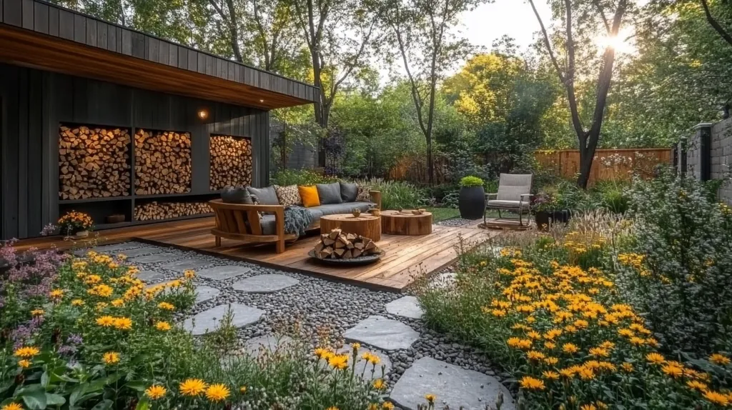 A modern, minimalist backyard with a wooden deck and a gray stone patio surrounded by lush greenery. A wooden couch with pillows is positioned on the deck, while a fire pit and stacked logs are present. The background features a wooden structure with a wood-burning fireplace. The entire scene is bathed in the warm glow of the setting sun.