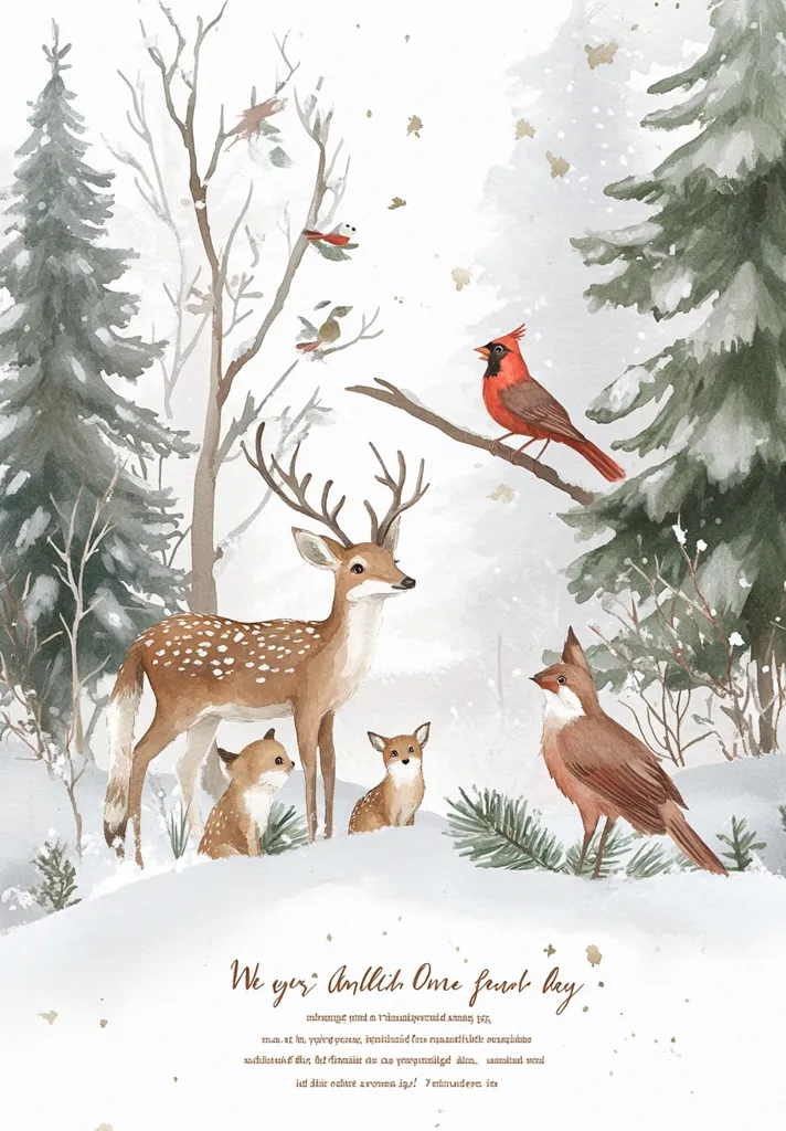 A watercolor illustration of a snowy forest scene with a deer and its two fawns.  A red cardinal sits on a branch in a pine tree, and a brown bird perches on a branch below.  The image has a soft, whimsical feel and a white background with subtle flecks of gold paint.  The words "We wish you A Merry One frost day" are written at the bottom of the image.