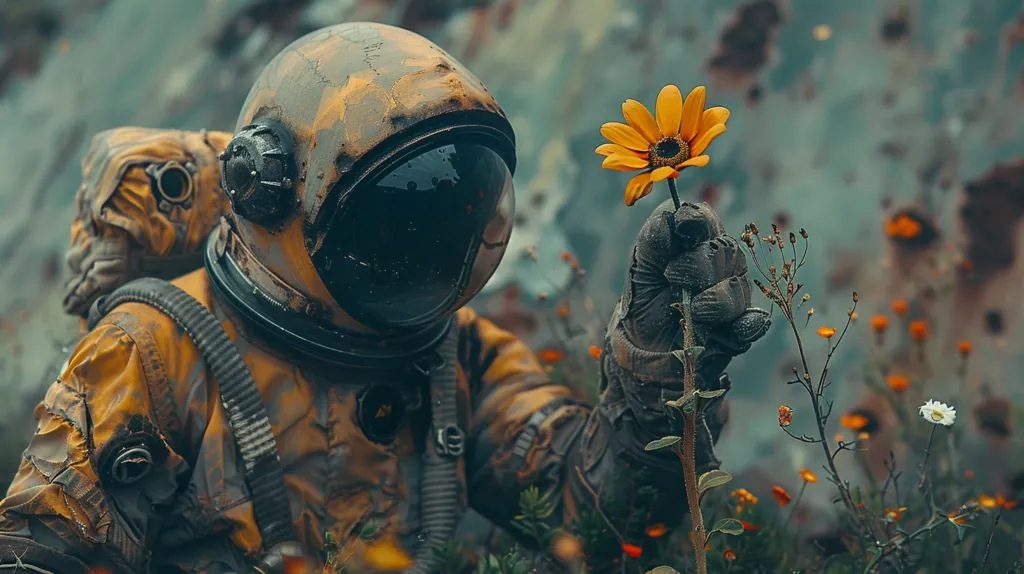 An astronaut in a yellow and brown spacesuit holds a bright yellow flower in front of a blurry background of rusted metal and wildflowers. The astronaut's helmet is cracked and worn, reflecting the surrounding environment. The image evokes a sense of wonder and loneliness in a desolate and post-apocalyptic world.