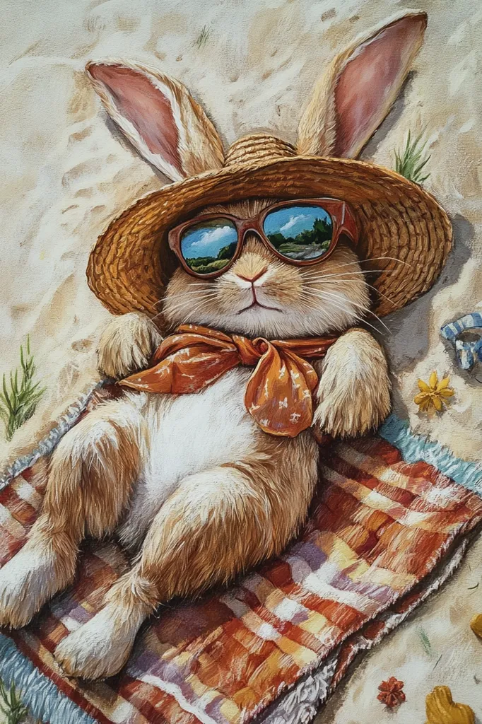 A brown rabbit wearing a straw hat and sunglasses relaxes on a plaid blanket, with its legs stretched out. It is lying on a sandy beach, surrounded by scattered leaves and small flowers. The rabbit appears to be enjoying the sunshine and the warm weather.  Its relaxed posture and closed eyes suggest a peaceful and contented state.