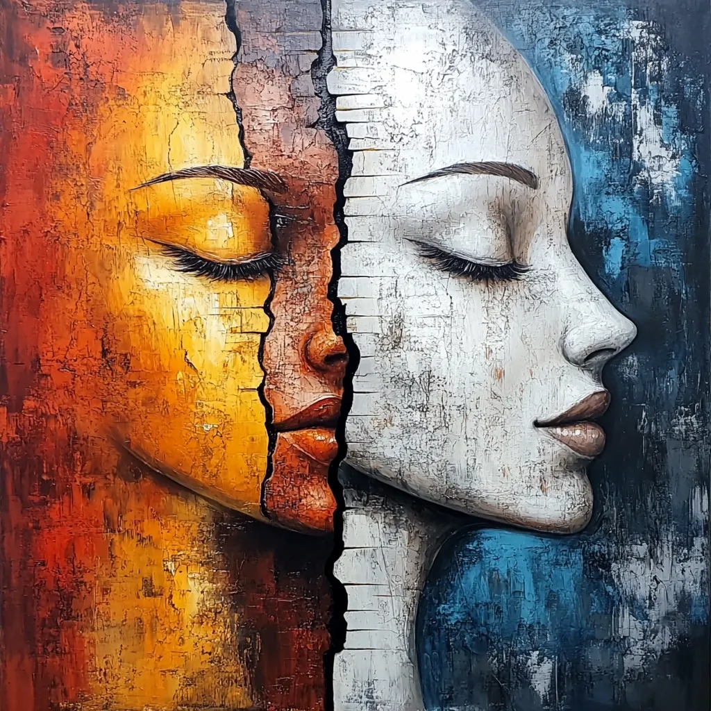The painting depicts two faces, one on each side of a vertical dividing line. The face on the left is painted in warm colors of orange and red, while the face on the right is painted in cool colors of white and blue. The faces are both closed-eyed, suggesting a sense of peace or tranquility. The painting is abstract in style, with rough brushstrokes and a textured surface. The use of color and texture creates a sense of depth and dimension. The painting is likely intended to evoke emotions of duality, contrast, and harmony.
