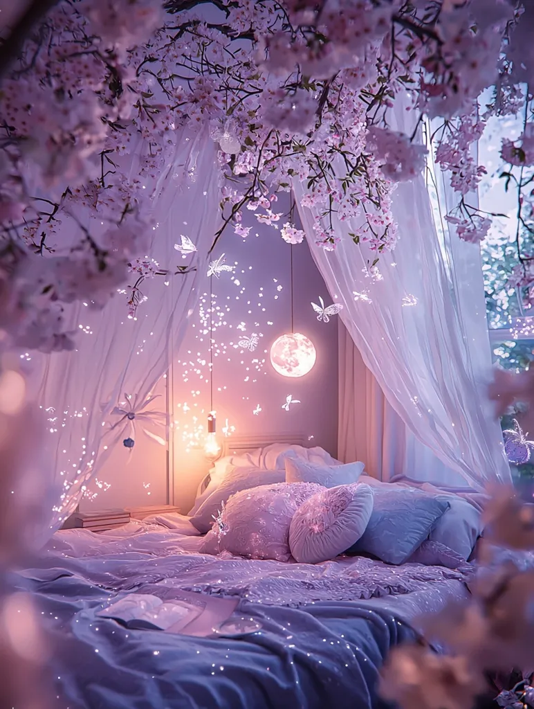 A dreamy bedroom setting with a canopy of pink cherry blossoms above a bed with soft, fluffy pillows.  The bed is draped in shimmering, light purple sheets.  A magical moon-shaped lamp hangs above the bed, illuminating the room with a soft, ethereal glow.  Tiny, white butterflies flutter around the bed, creating an enchanting atmosphere.