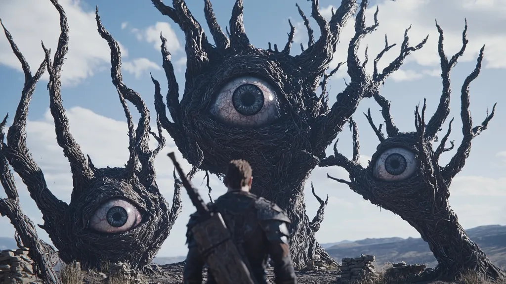 A lone figure in dark armor stands before a trio of grotesque trees, each with a single, large, staring eye at its center.  The gnarled branches are skeletal and twisted, creating an ominous and foreboding atmosphere. The sky above is a hazy blue, hinting at an unsettling reality.