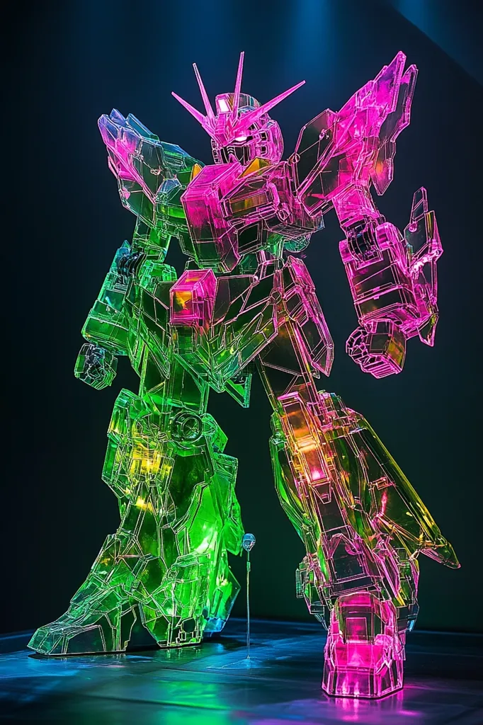 A translucent, green and pink robot stands on a dark, reflective surface. The robot's design is intricate and detailed, with a sharp, angular aesthetic. The lighting creates a vibrant, almost neon glow, highlighting the robot's translucent form. The robot's pose is dynamic, with its arms outstretched, as if it's about to move. The overall effect is one of futuristic, powerful energy.