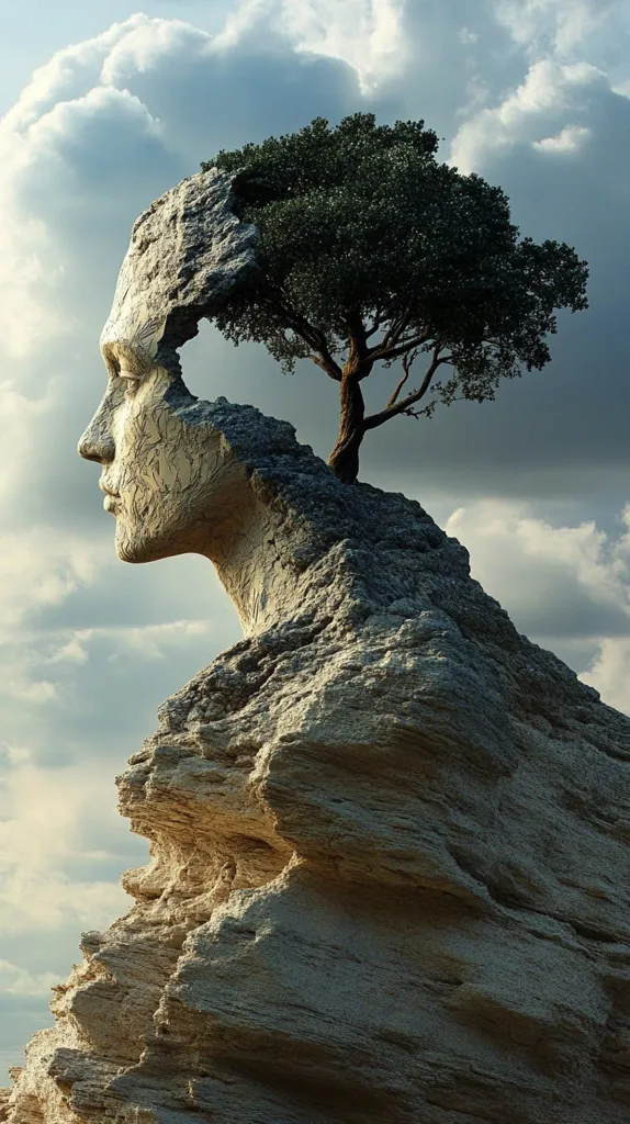 A large, weathered rock formation resembles a human face with a tree growing out of its head. The face is looking out towards the horizon, with a serene expression. The rock face is worn and rough, with a sense of age and history. The tree is a lush green, contrasting with the stark grey of the rock. The sky above is a pale blue, dotted with fluffy clouds. The entire scene evokes a sense of wonder and mystery.