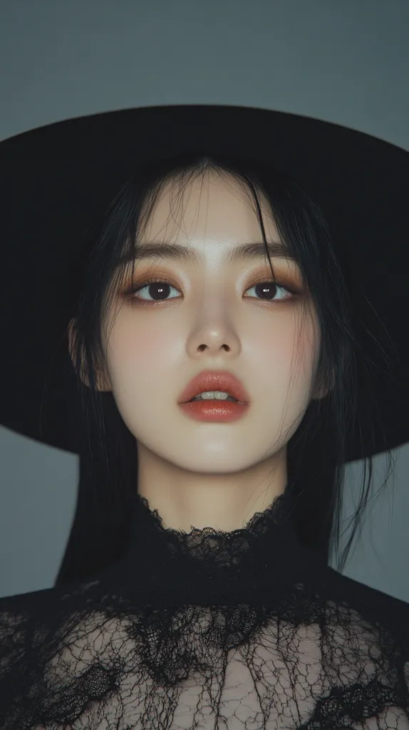 A woman with long black hair, wearing a black lace top and a black hat, poses for the camera. Her face is framed by the hat, and her makeup is subtle, emphasizing her dark eyes and soft lips. The background is a plain, grey wall. The image has a moody, atmospheric quality.