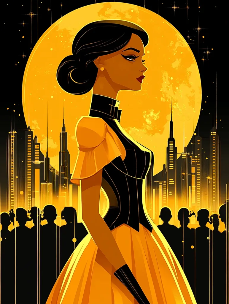 A woman with dark skin and black hair stands in a yellow dress, gazing off into the distance. She is silhouetted against a large, glowing yellow moon and a cityscape behind her. The cityscape is made up of tall, thin buildings, with a few small buildings in the foreground. There is a group of people standing in front of the woman, but they are all silhouetted, making it hard to see their details. The image is stylized and uses bold colors and sharp lines.