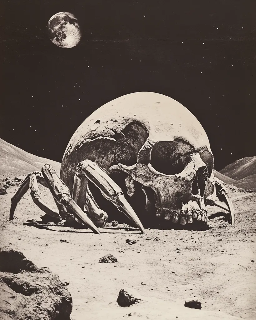 A giant skull, resembling a crab, lies on a desolate, moon-like landscape. The skull's eye sockets are hollow and its jaw hangs open, revealing sharp teeth. The surrounding landscape is barren and rocky, with a crescent moon visible in the starry sky above. The image evokes a sense of loneliness and the fragility of life.