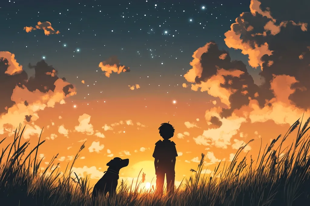 A silhouette of a person and a dog stand in a field of tall grass, gazing up at the sky. The sun is setting in the background, casting a warm glow over the scene. The sky is filled with clouds and twinkling stars. The image evokes a sense of tranquility and peace.