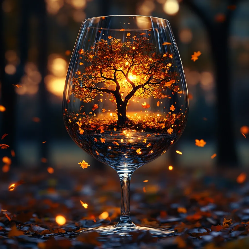 A wine glass sits on a bed of fallen autumn leaves, capturing a miniature scene within. A small tree stands in the center, its branches silhouetted against a warm glow. The glass reflects the light, casting a soft, hazy light on the scene, making it seem ethereal and dreamlike.  The composition evokes a sense of autumnal beauty and tranquility.