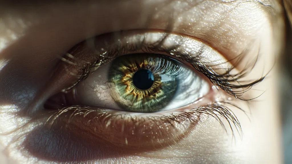 A close-up shot of a human eye, capturing the intricate details of the iris, pupil, and eyelashes. The eye is partially open, and the light reflecting off the surface creates a soft, ethereal glow. The image evokes a sense of mystery and introspection.