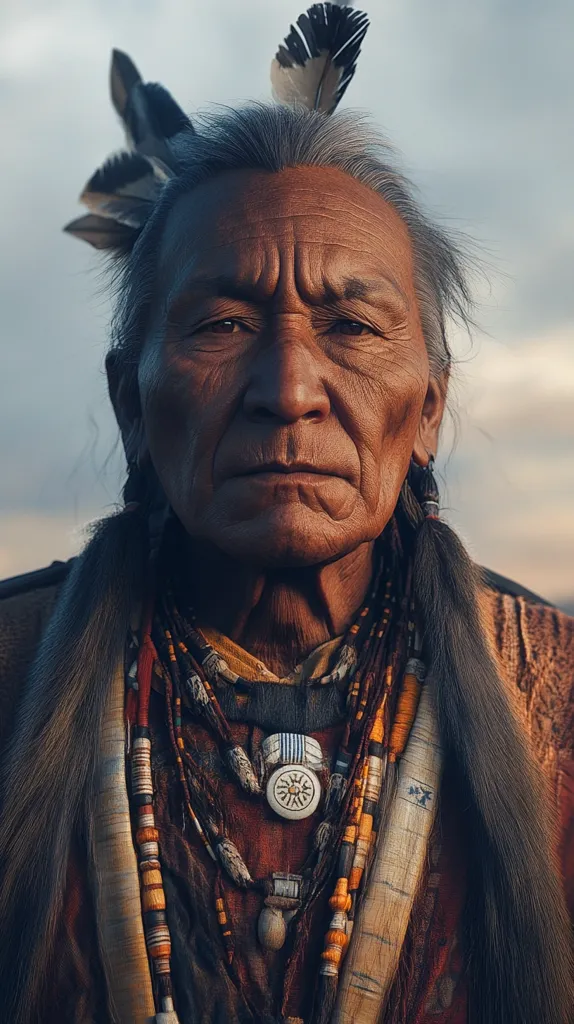 A close-up portrait of an elderly Native American man with long dark hair and a feather headdress. He is wearing traditional clothing and jewelry, including beaded necklaces and a bone pendant. His face is lined with age, and he has a serious expression. The background is blurred, creating a sense of depth and focus on the subject. The image captures the dignity and wisdom of a Native American elder.