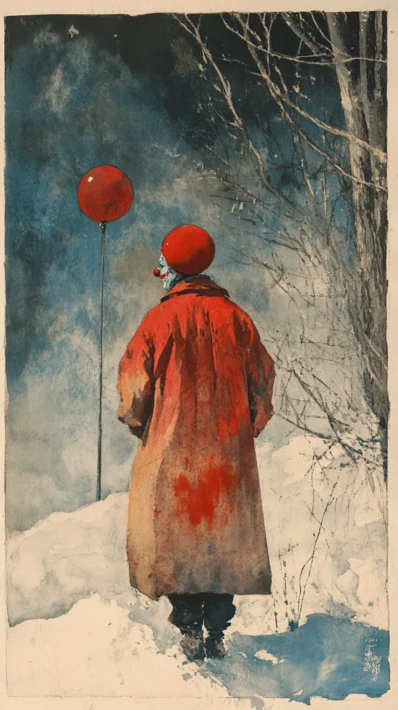 A watercolor painting of a figure dressed in a red coat and a red hat. The figure is standing in the snow and holding a red balloon on a string. Bare branches of a tree reach towards the sky above the figure. The scene is painted with muted tones, giving it a melancholic feel.