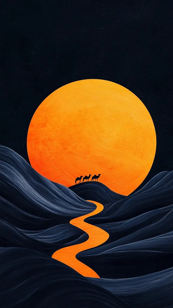 A large orange circle, resembling a sun or moon, dominates the top of the image, against a dark blue sky. Below it, a winding orange path cuts through a landscape of deep blue, wave-like hills.  The path leads toward a small group of camel silhouettes on the horizon. The overall effect is one of stark contrast and dramatic simplicity.