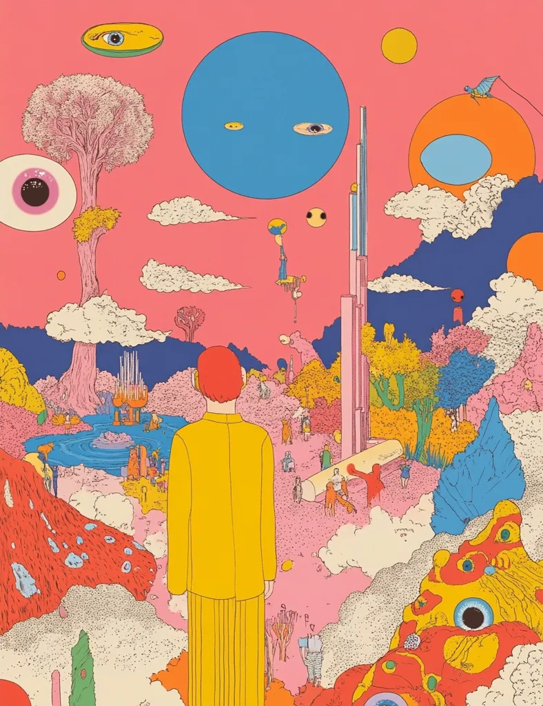 A surreal landscape painted in vibrant colors. A man in a yellow suit stands in the foreground, facing away from the viewer,  as he looks out at a colorful landscape filled with floating eyes, strange trees, and a giant blue sphere with two eyes.  In the background, a tall, slender structure appears to be a futuristic city.  The entire scene is a whimsical and dreamlike vision.